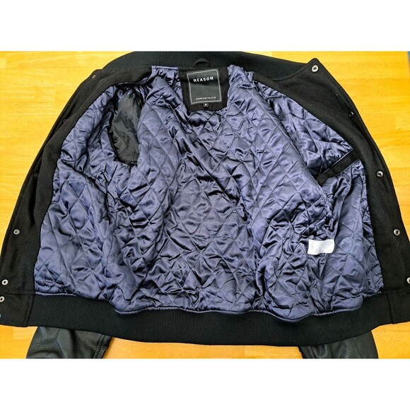 REASON Sport Varsity Letter Bomber Jacket Men's Sz Small Black Wool Blend Lined - Picture 13 of 13